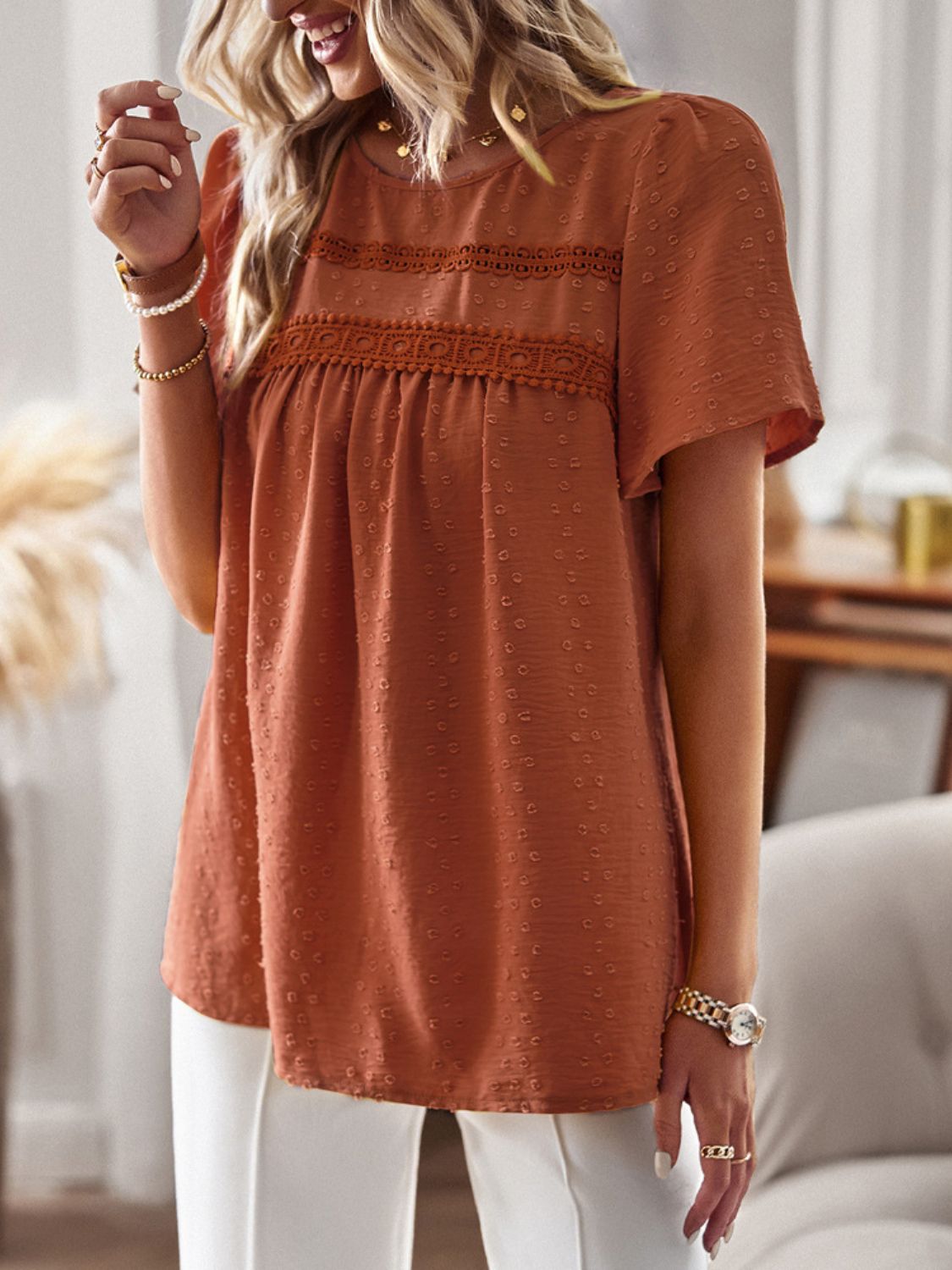 Devine Lace Detail Round Neck Short Sleeve Blouse 