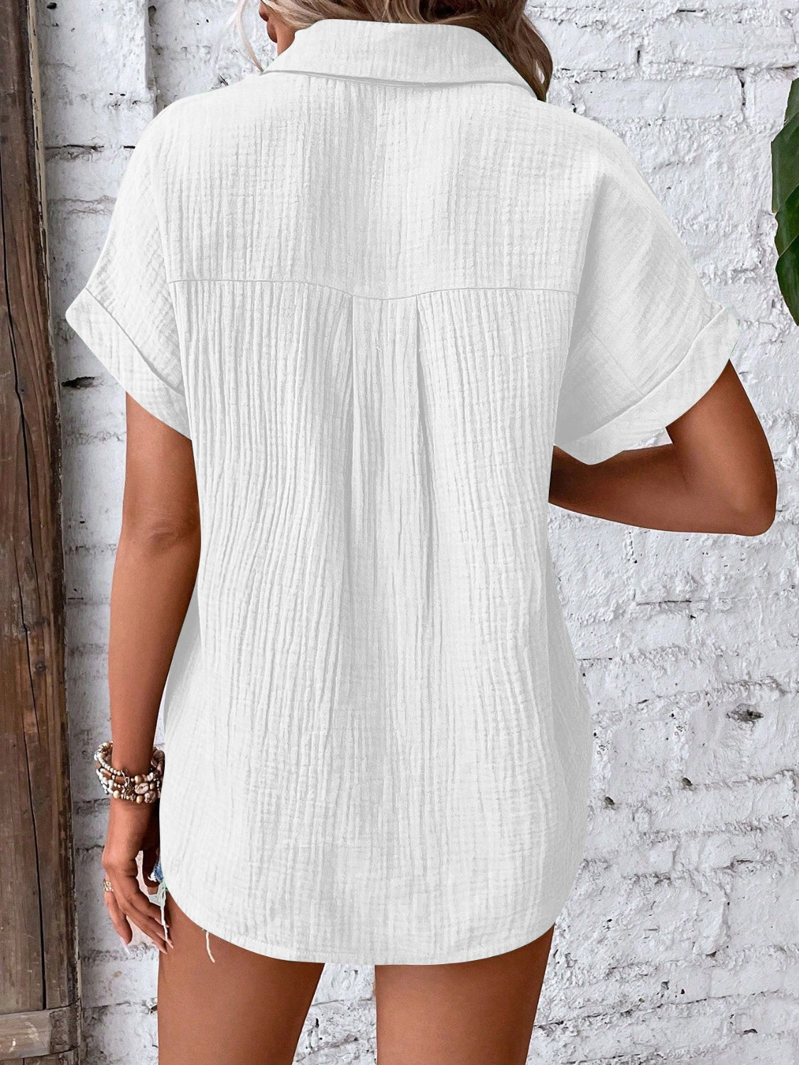 Lovelet Textured Button Up Short Sleeve Shirt 