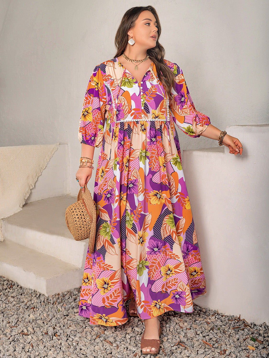 Plus Size Printed Tie Neck Maxi Dress 