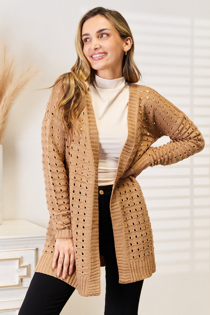 Woven Right Openwork Horizontal Ribbing Open Front Cardigan 