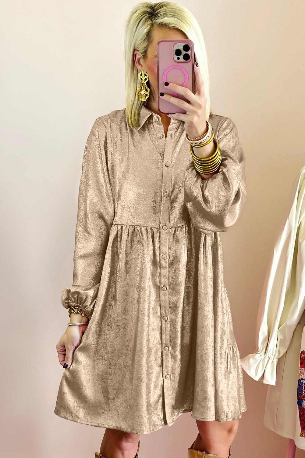 Apricot Metallic Sheen Puff Sleeve Button Up Mini Shirt Dress Dresses/Mini Dresses