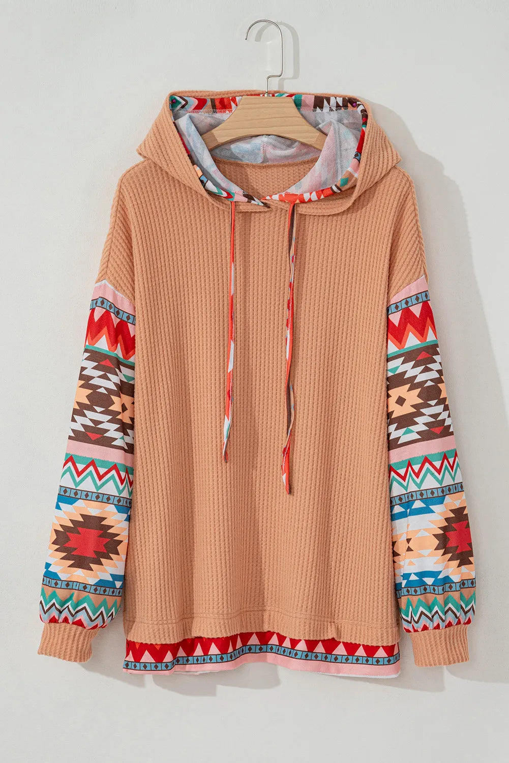 Plus Size Drawstring Geometric Long Sleeve Hoodie 