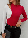 Cutout Contrast Mock Neck Long Sleeve T-Shirt 