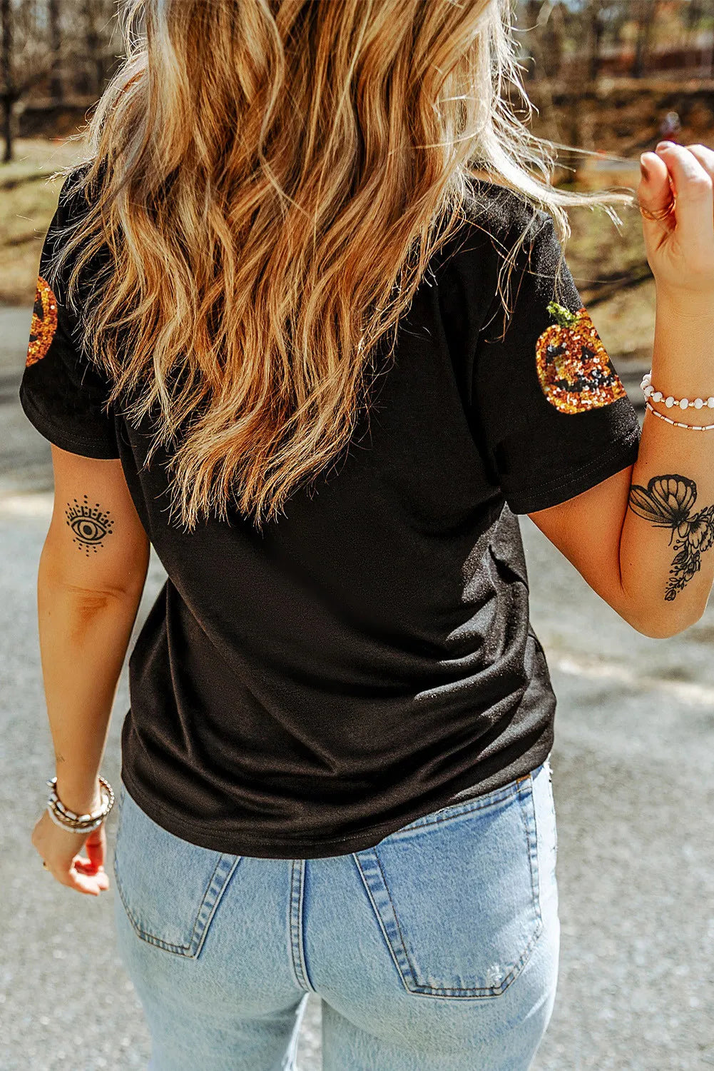 Sequin Pumpkin Round Neck Short Sleeve T-Shirt 