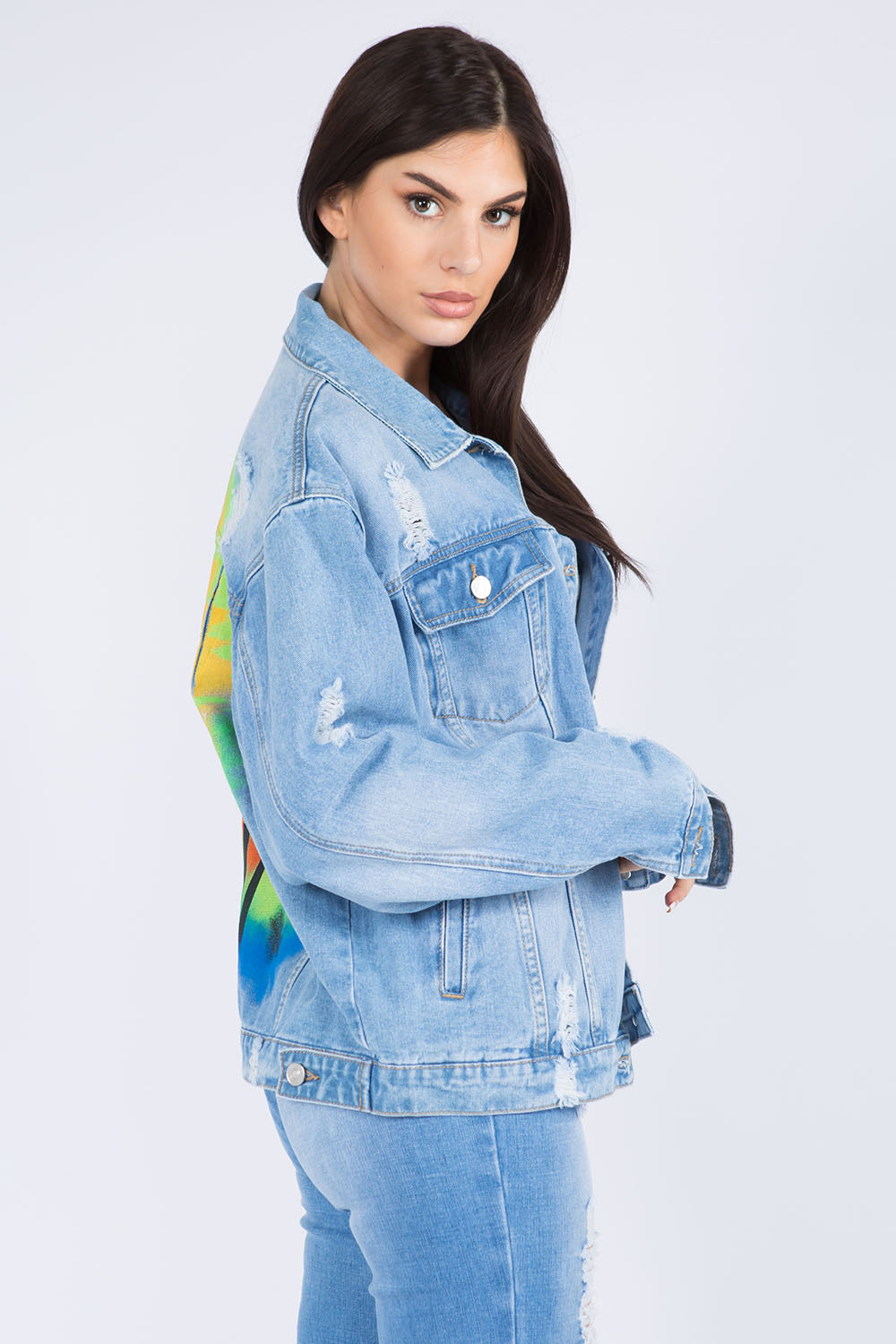 American Bazi Full Size Painted Back Distressed Denim Jacket 