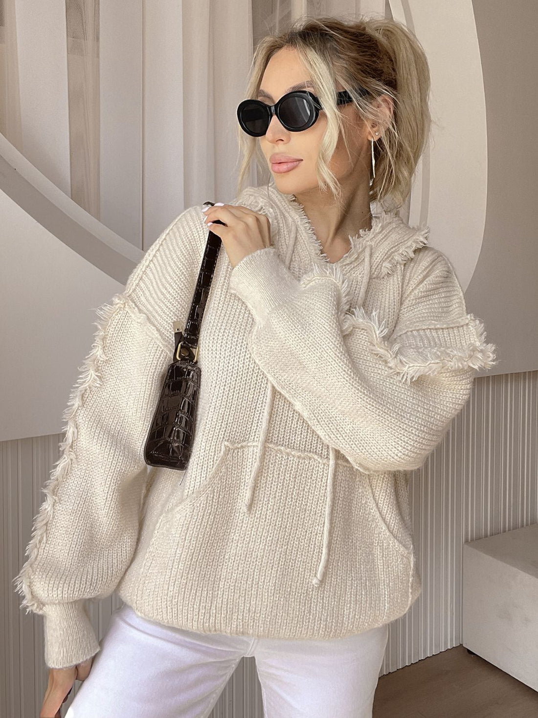 Drawstring Fringe Hem Long Sleeve Hooded Sweater 