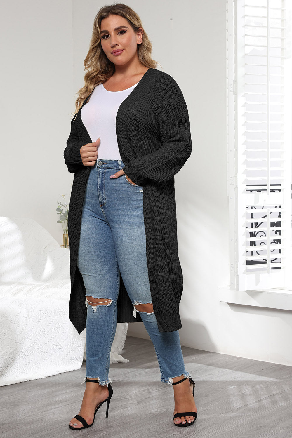 Plus Size Open Front Long Sleeve Cardigan 