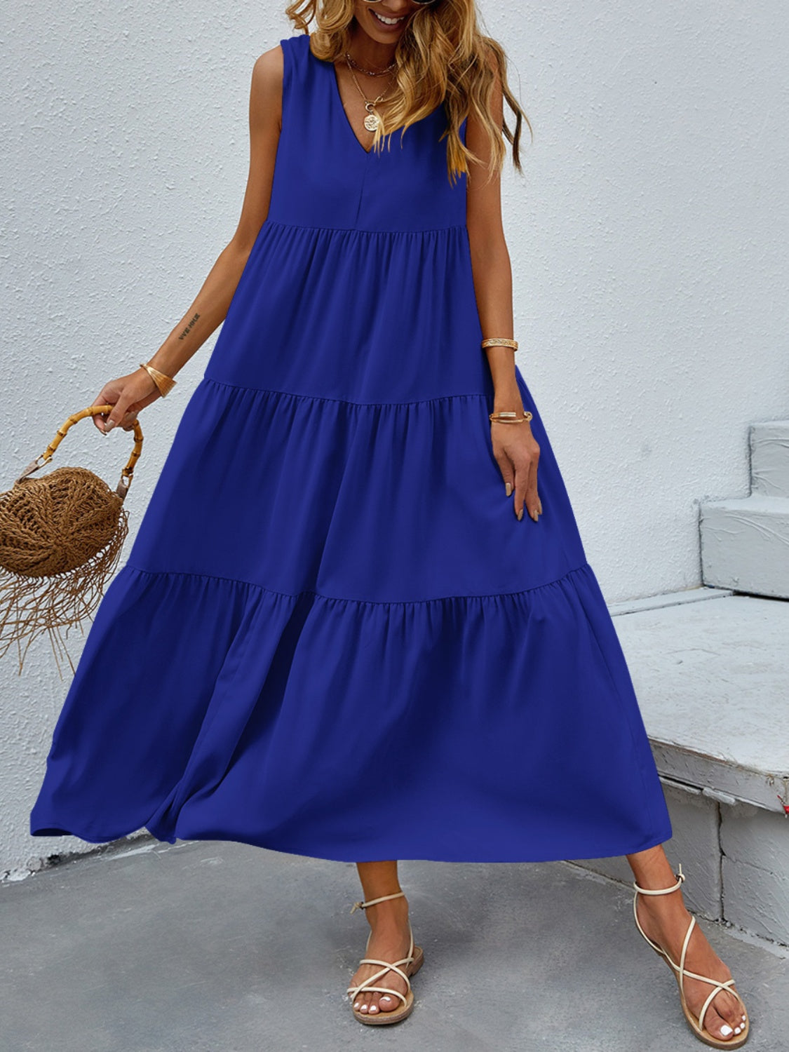 FAM-FAM Tiered V-Neck Sleeveless Dress 