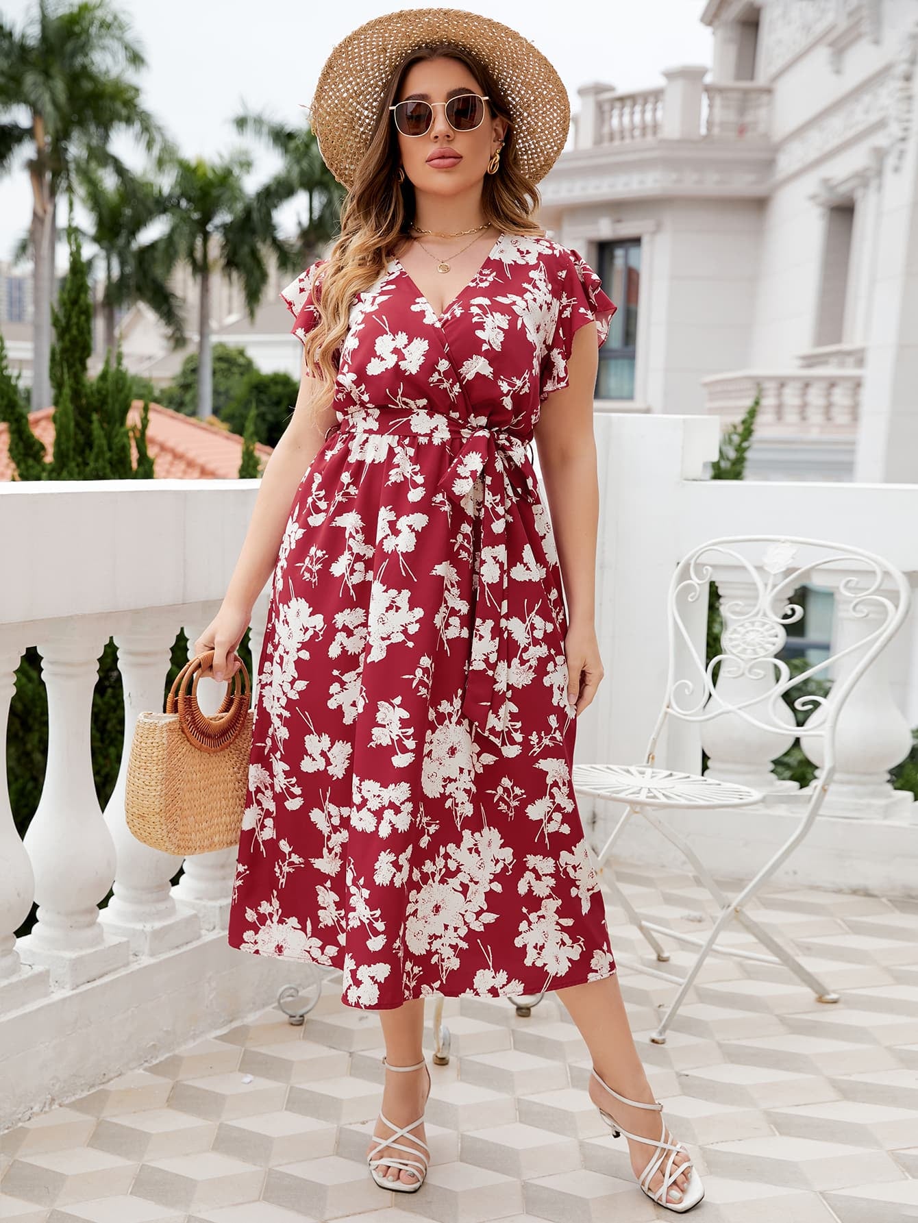 Honey Plus Size Floral Tie Waist Surplice Neck Midi Dress 