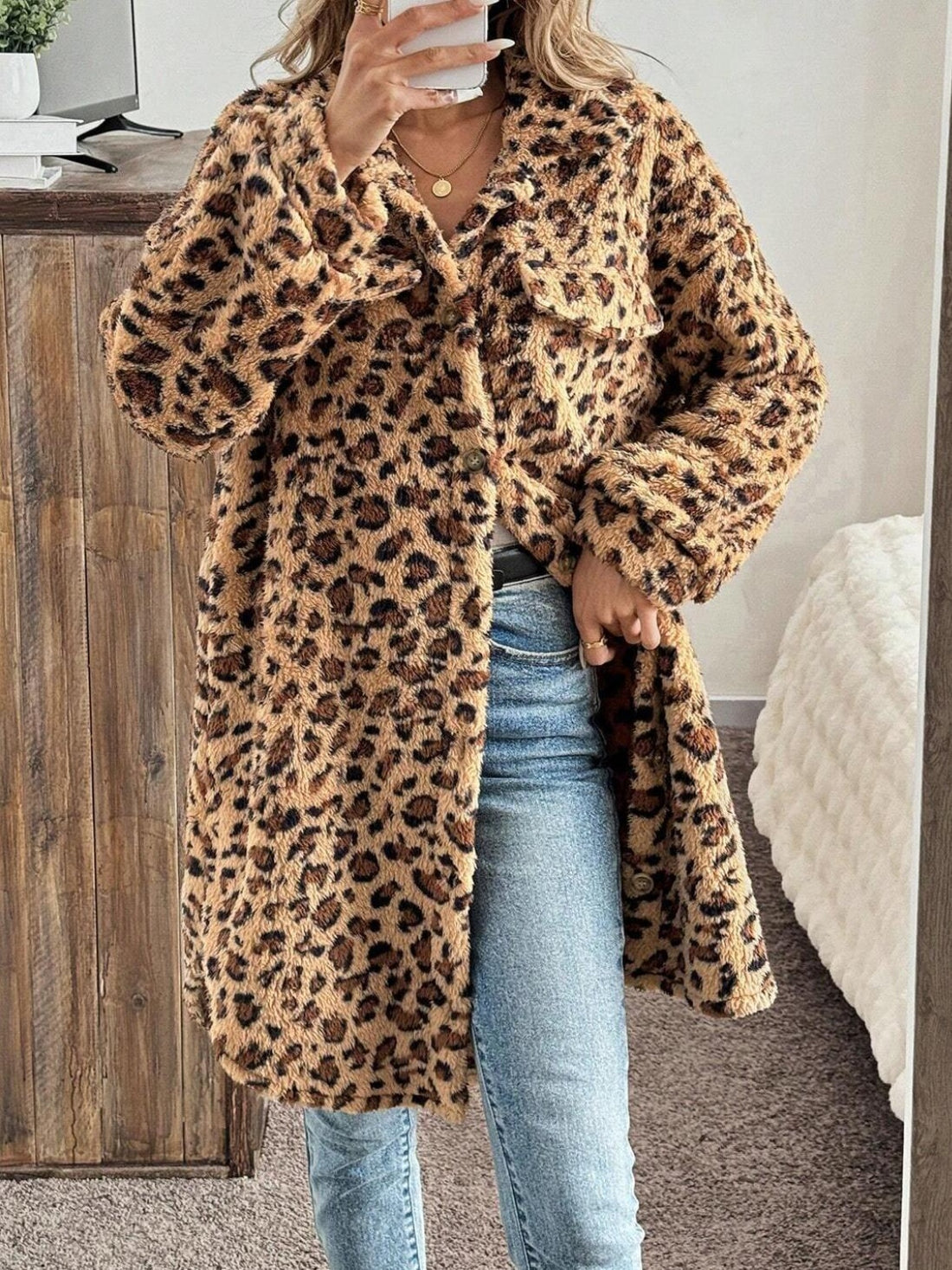 Leopard Button Up Long Sleeve Fuzzy Coat 