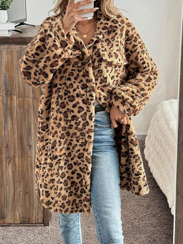 Leopard Button Up Long Sleeve Fuzzy Coat 
