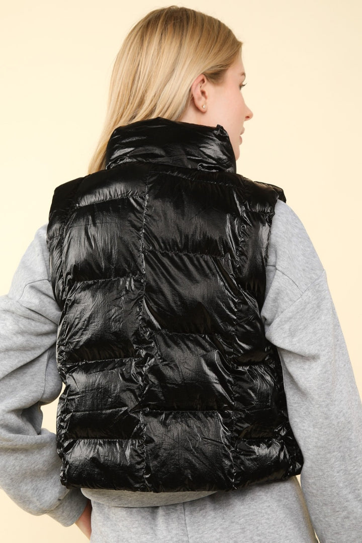 VERY J Shiny Metallic Zip Up Puffer Vest 