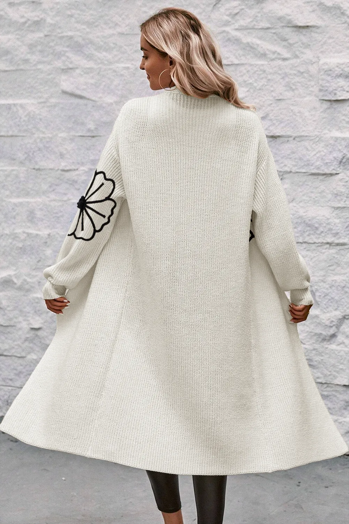 Full Size Flower Open Front Long Sleeve Cardigan 