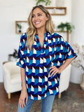 Double Take Full Size Geometric Notched Half Sleeve Blouse 