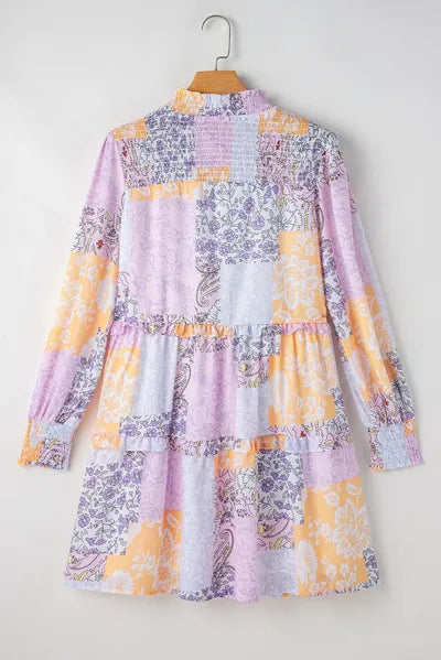 Frill Printed Mock Neck Long Sleeve Mini Dress Dresses