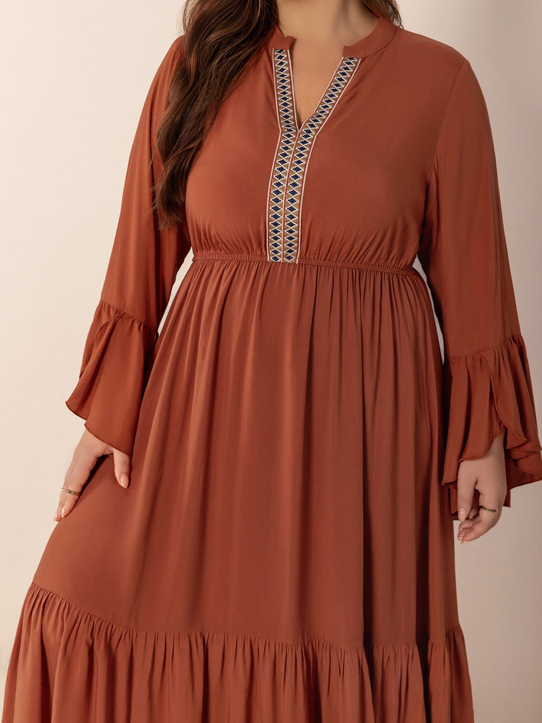 Plus Size Ruffled Notched Long Sleeve Midi Dress 