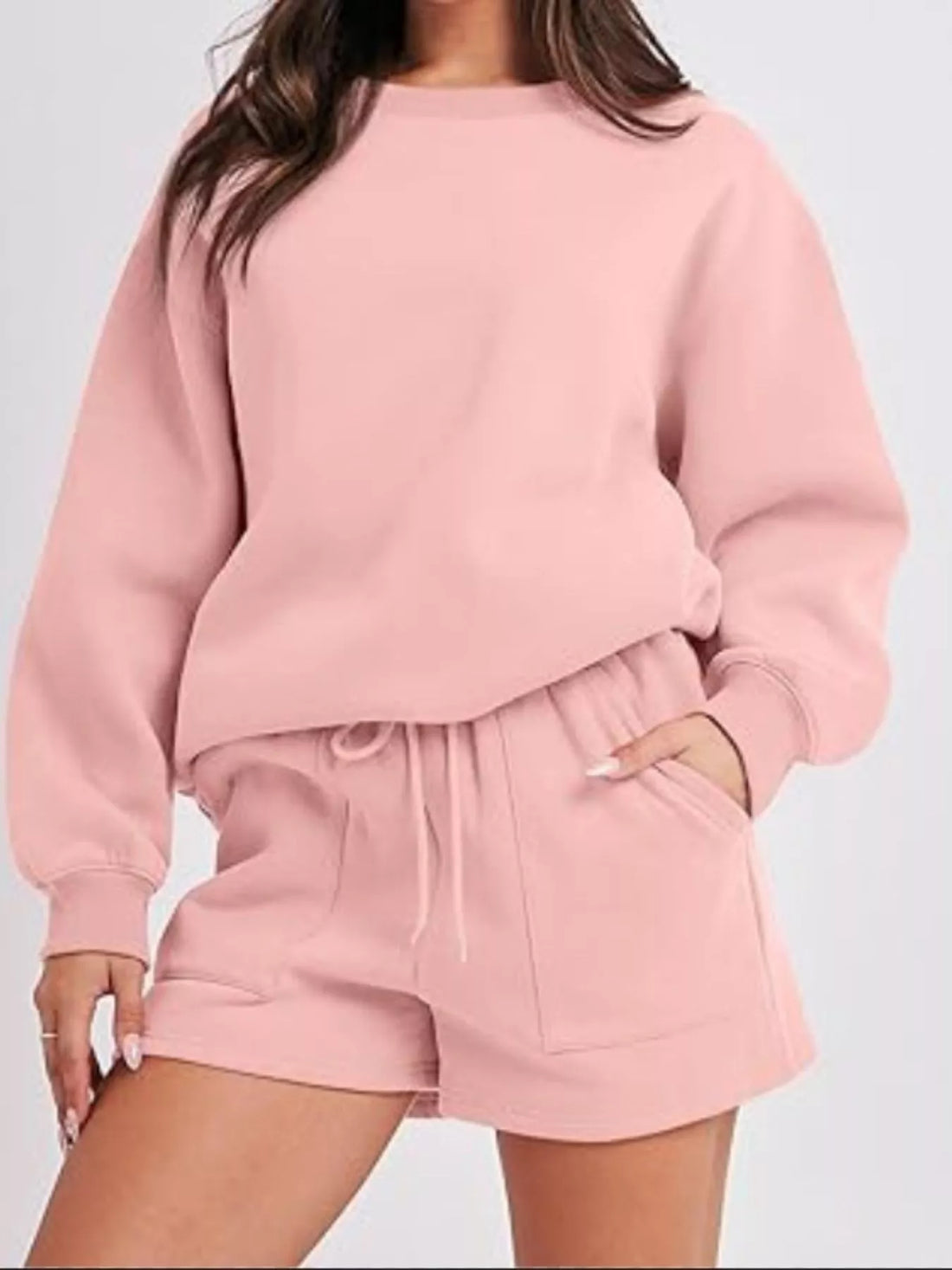 Round Neck Dropped Shoulder Top and Drawstring Shorts Set Two Piece Dresses