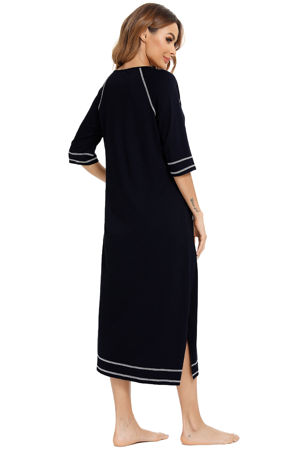 Zip Up Slit Round Neck Night Dress with Pockets 