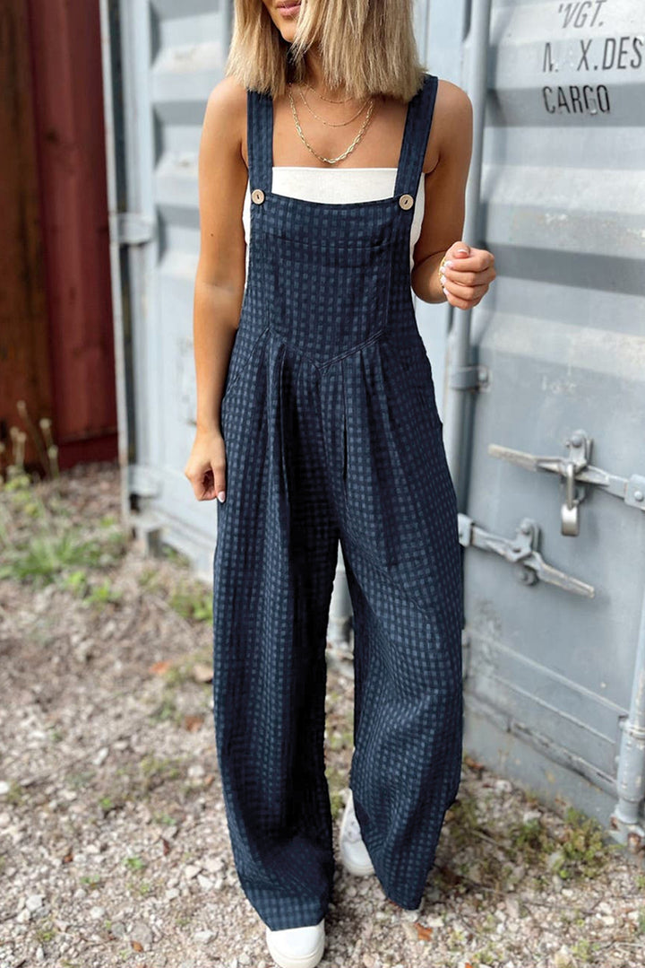 Sail Blue Plaid Print Buttoned Pocketed High Waist Overall Bottoms/Jumpsuits & Rompers
