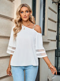 Asymmetrical Neck Sheer Striped Flare Sleeve Blouse 