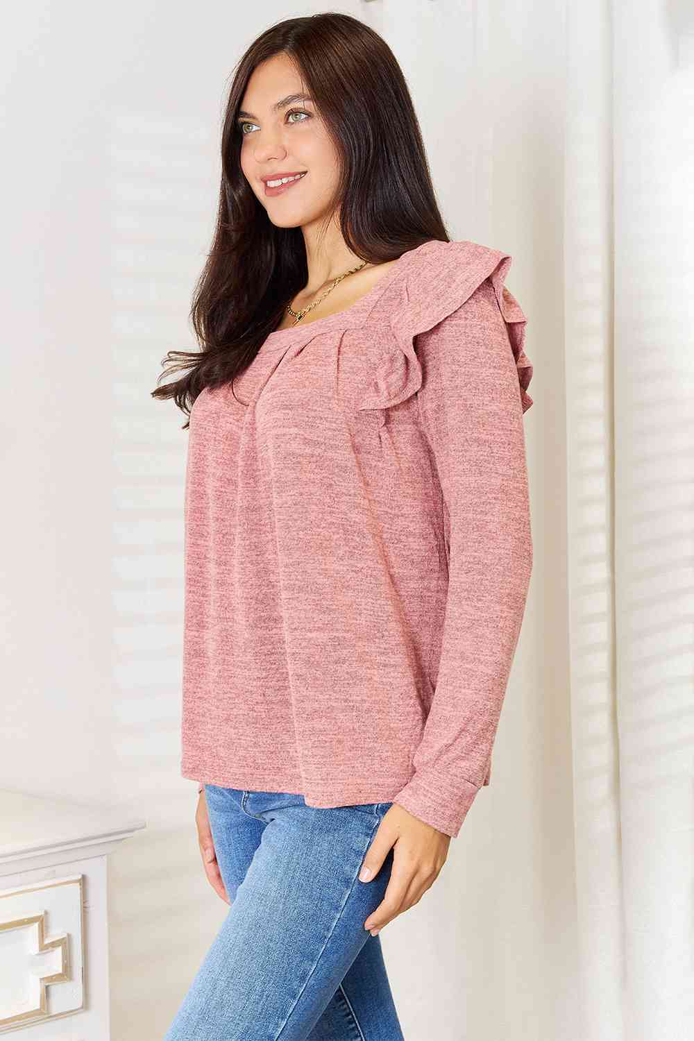 Double Take Square Neck Ruffle Shoulder Long Sleeve T-Shirt 