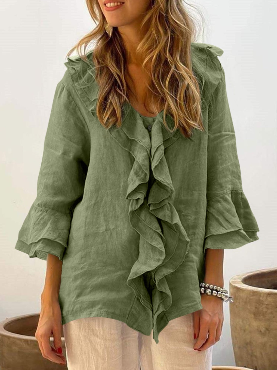 Full Size Ruffled V-Neck Flounce Sleeve Blouse 