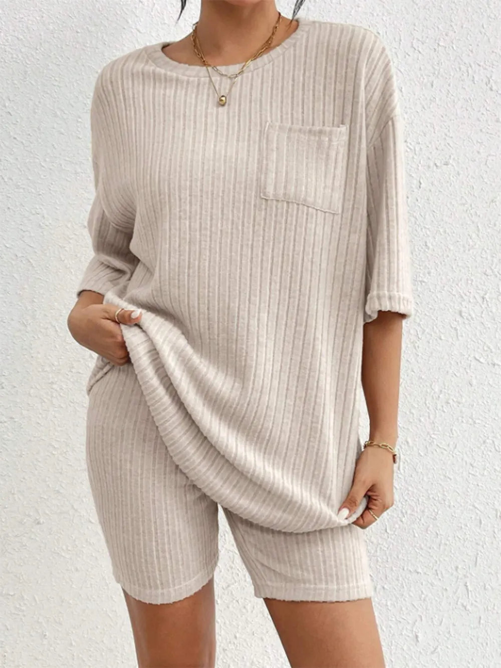 Ribbed Round Neck Top and Shorts Set Two Piece Dresses