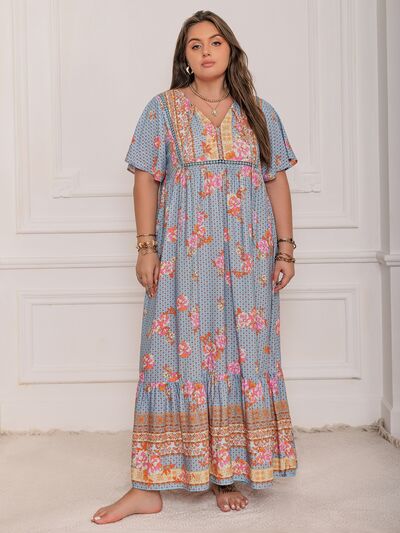 Plus Size Printed Tie Neck Flutter Sleeve Maxi Dress Dresses