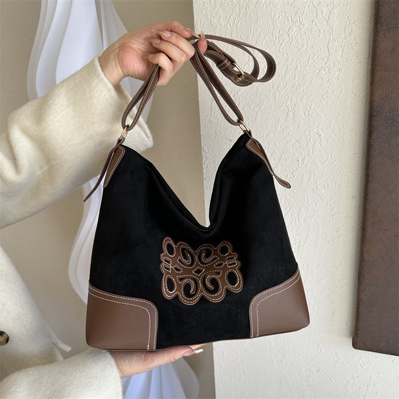 Suede Patch Adjustable Strap Tote Bag 