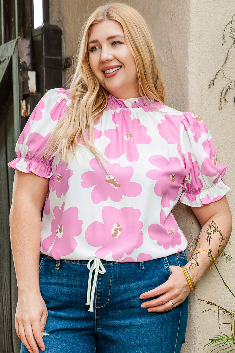 Plus Size Printed Round Neck Short Sleeve Top 