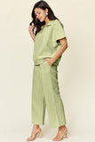 Double Take Full Size Texture Half Zip Short Sleeve Top and Pants Set 