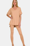 Zenana Full Size V-Neck Rolled Short Sleeve T-Shirt and Leggings Lounge Set 