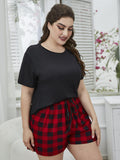Plus Size Round Neck Tee Shirt and Plaid Shorts Lounge Set 