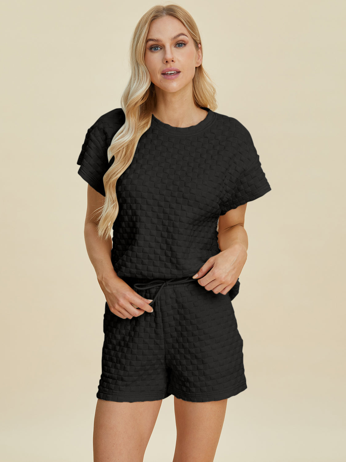Double Take Full Size Texture T-Shirt and Shorts Set 