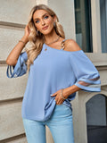 Asymmetrical Neck Sheer Striped Flare Sleeve Blouse 