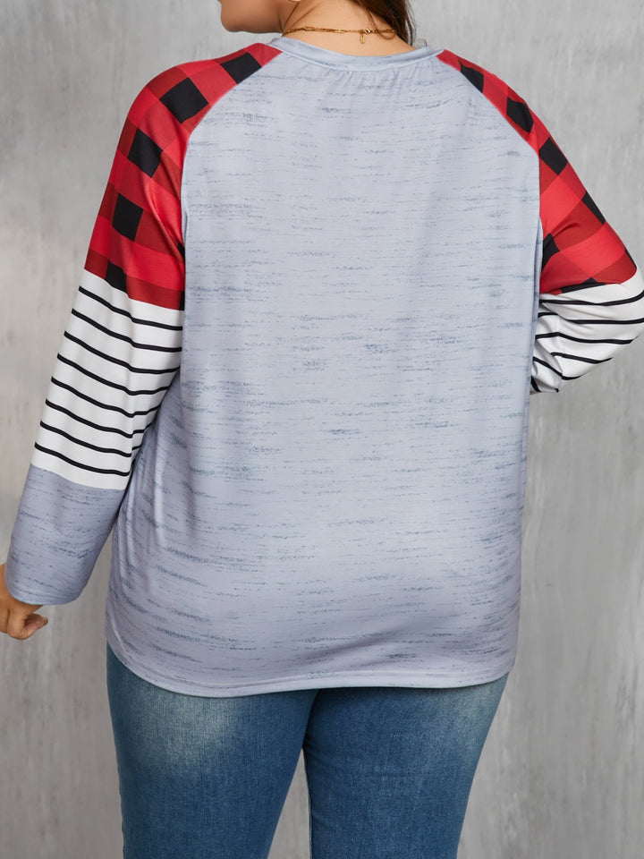 Plus Size Christmas Tree Plaid Round Neck Long Sleeve T-Shirt 