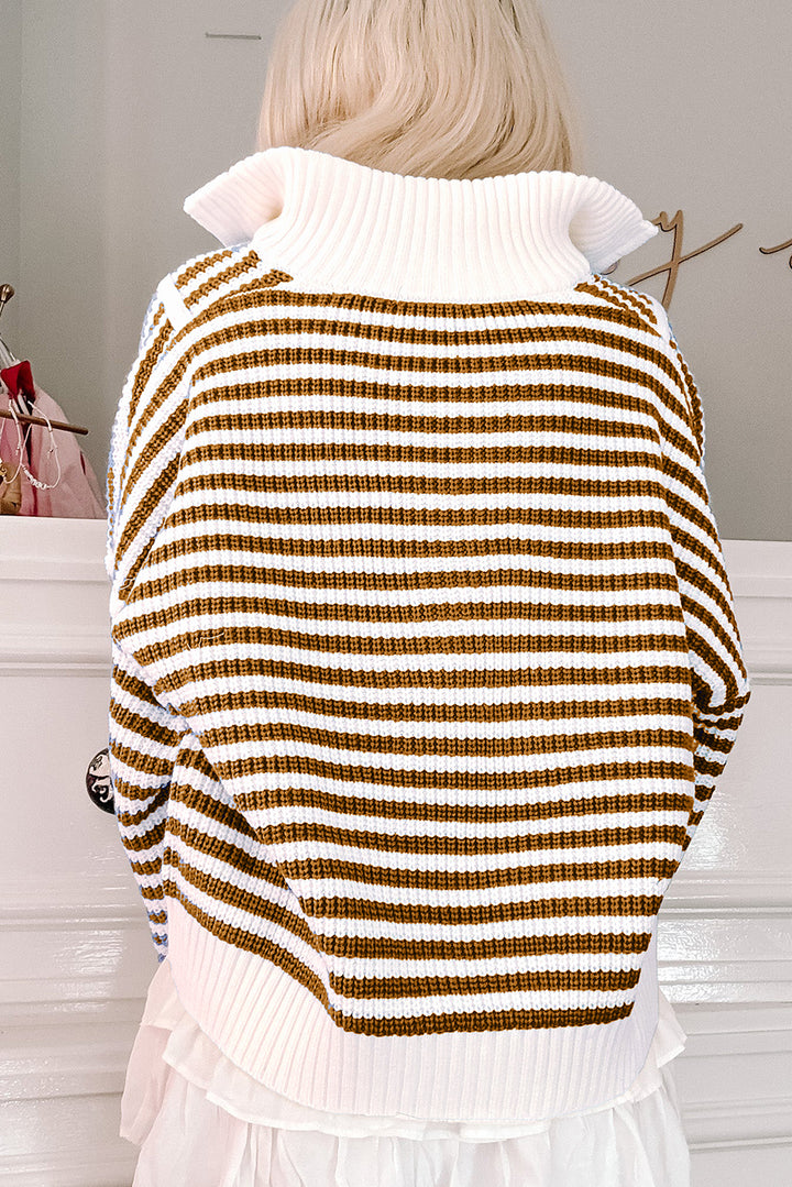 Khaki Stripe Zip up Collar Drop Shoulder Sweater Sweaters & Cardigans/Sweaters