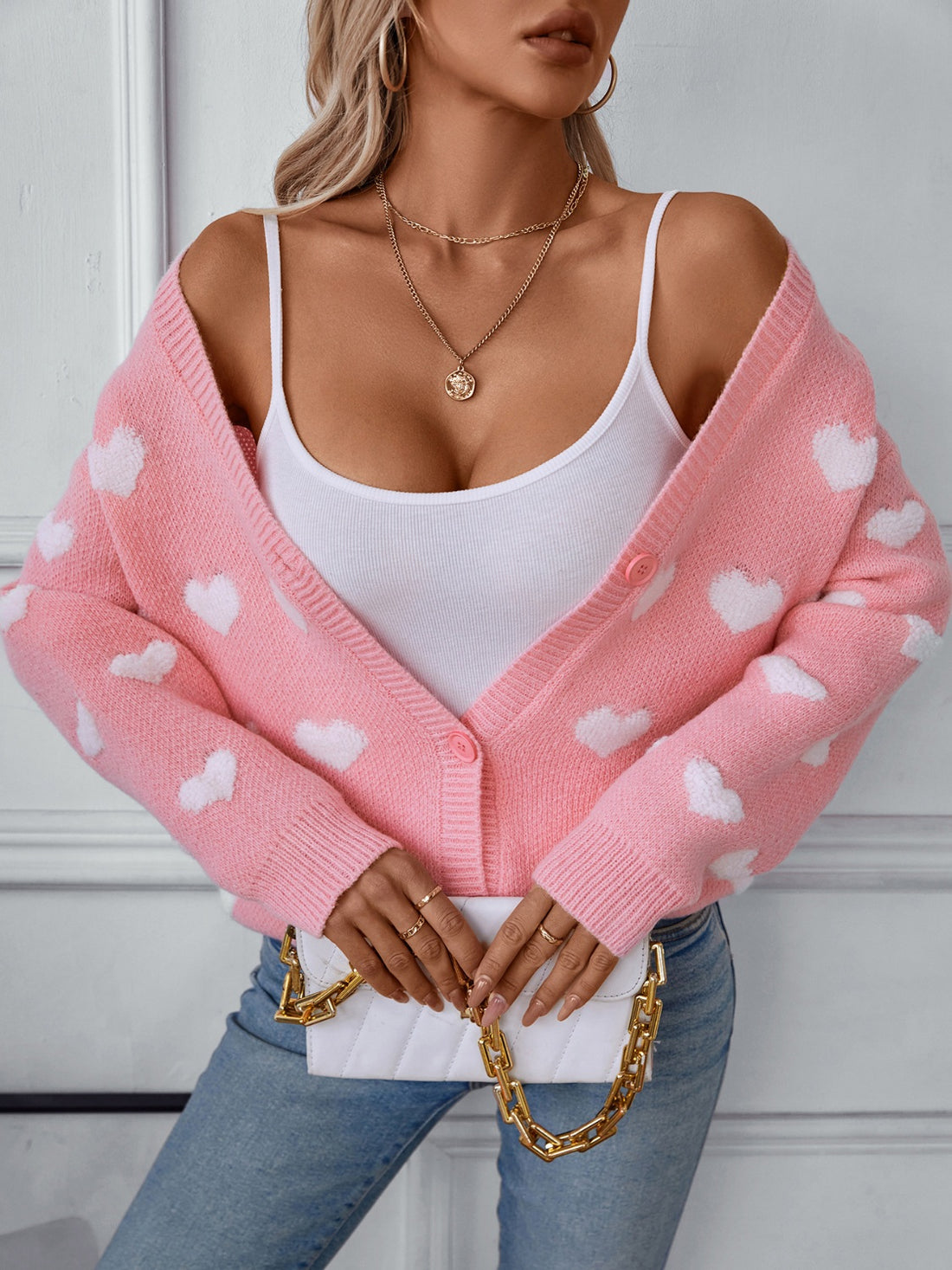 Heart V-Neck Button Up Long Sleeve Cardigan 