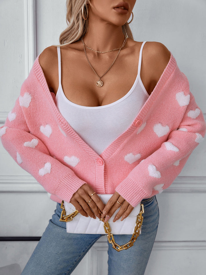 Heart V-Neck Button Up Long Sleeve Cardigan 