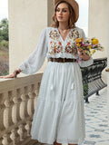 Plus Size Printed Tie Neck Long Sleeve Midi Dress 