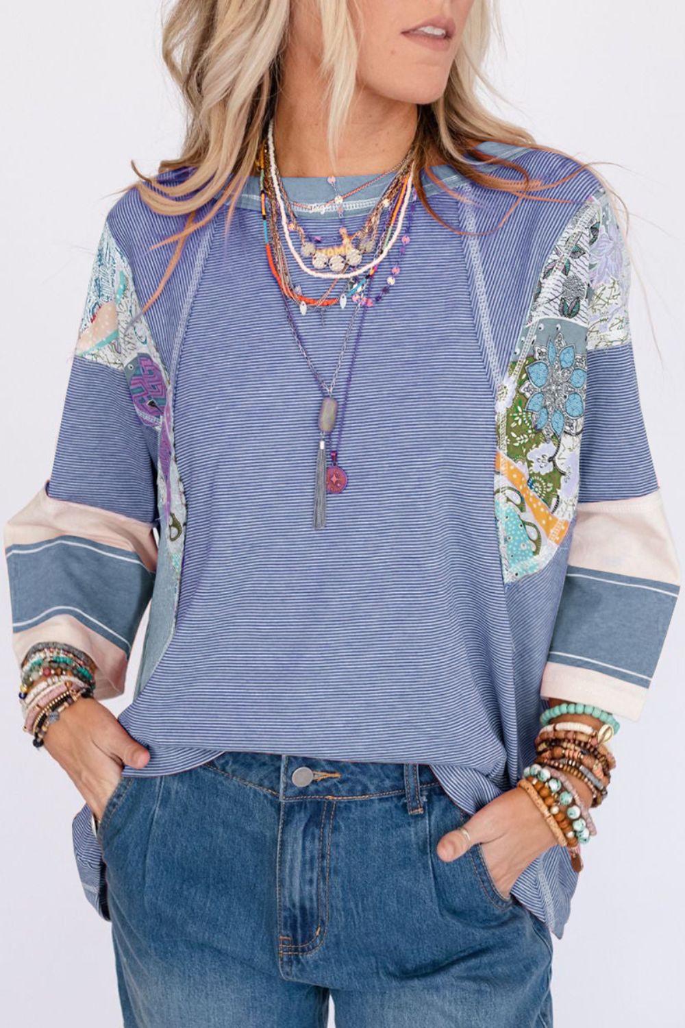 Striped Floral Patchwork Round Neck Top 