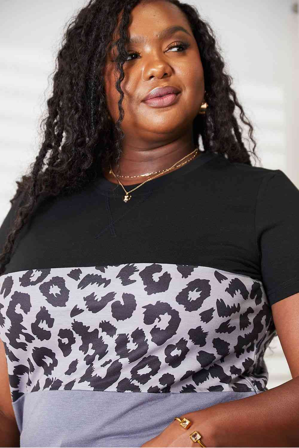 Double Take Leopard Print Color Block Short Sleeve T-Shirt 