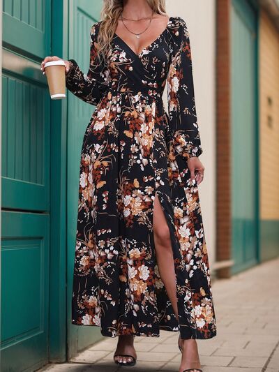 Perfee Slit Printed Surplice Long Sleeve Maxi Dress Dresses