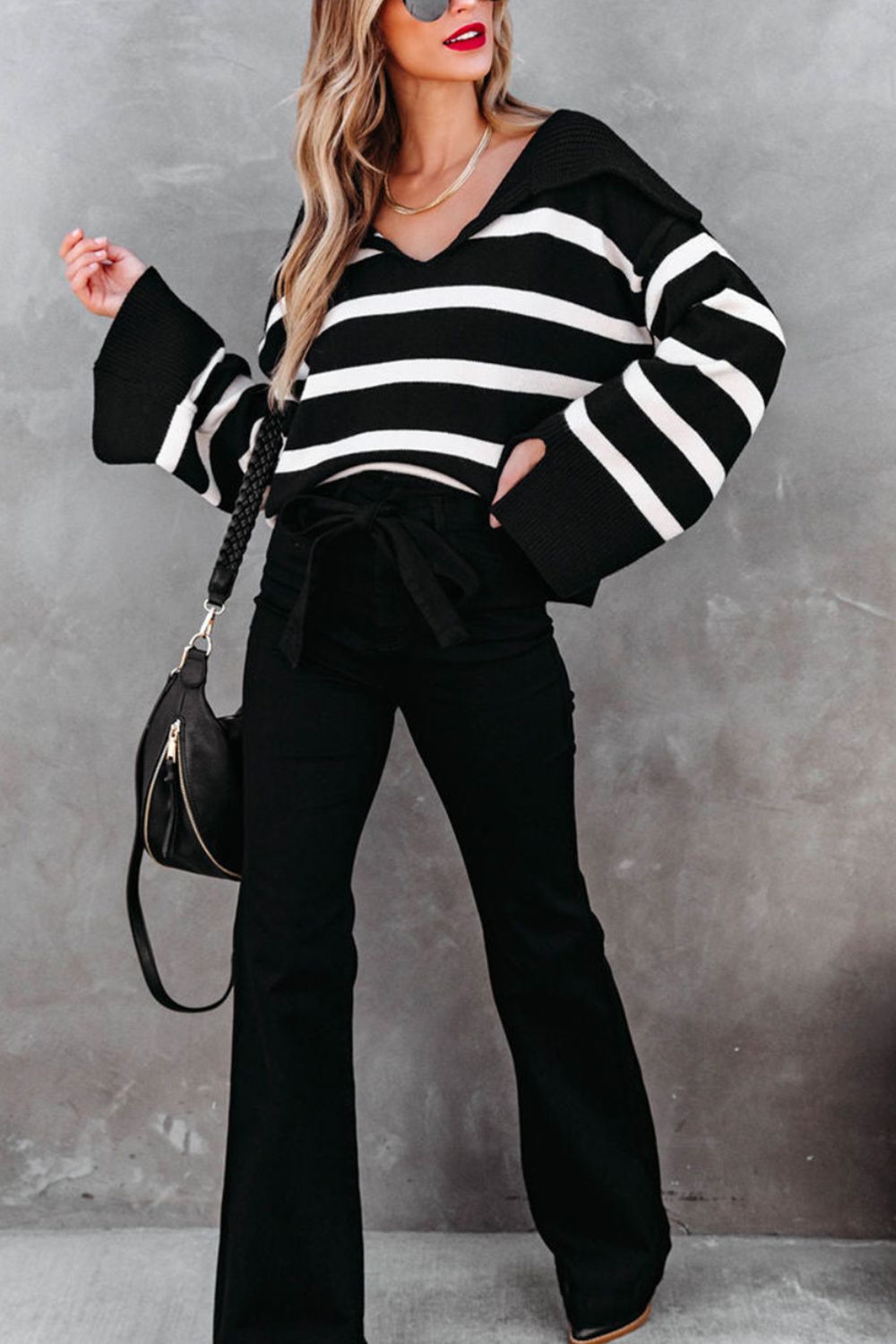Striped Johnny Collar Long Sleeve Sweater 