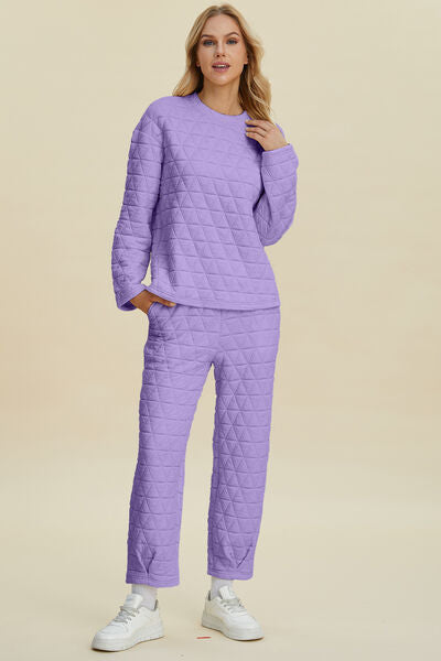 Double Take Full Size Texture Round Neck Long Sleeve Top and Pants Set 