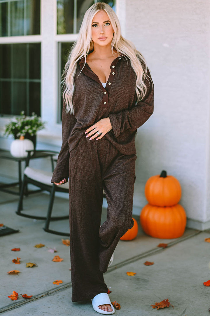 Buttoned Long Sleeve Top and Long Pants Lounge Set Lingerie & Nightwear