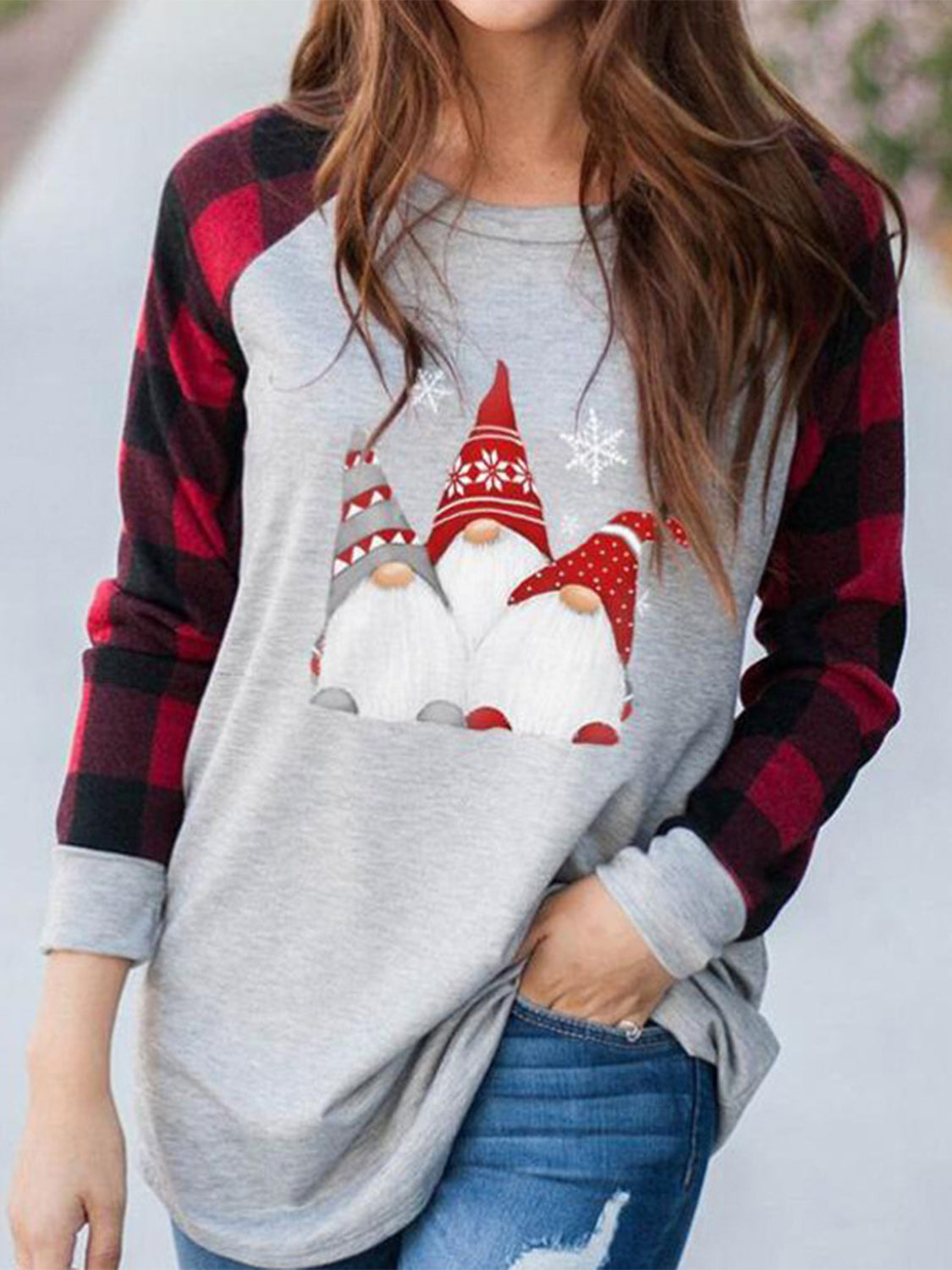 Full Size Graphic Plaid Round Neck Long Sleeve T-Shirt 