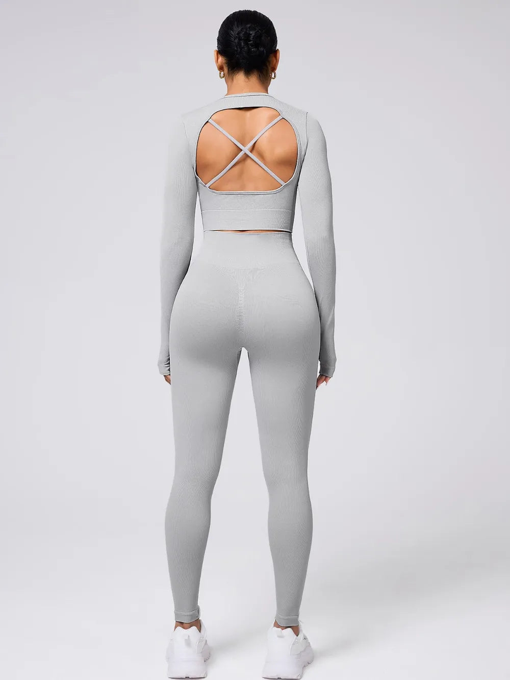 Back Crisscross Round Neck Long Sleeve Top and Leggings Active Set 