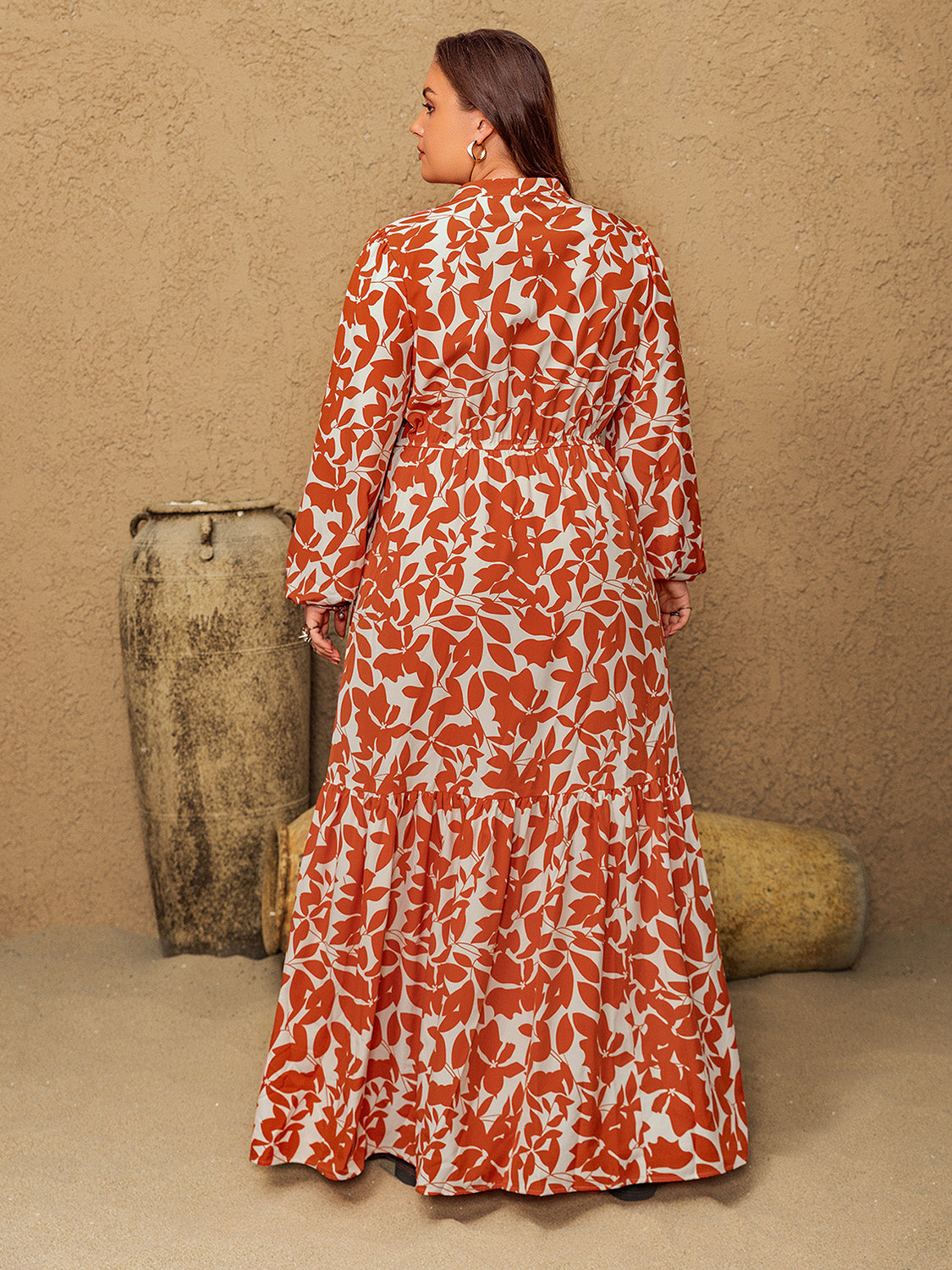 Plus Size Printed Notched Long Sleeve Maxi Dress 