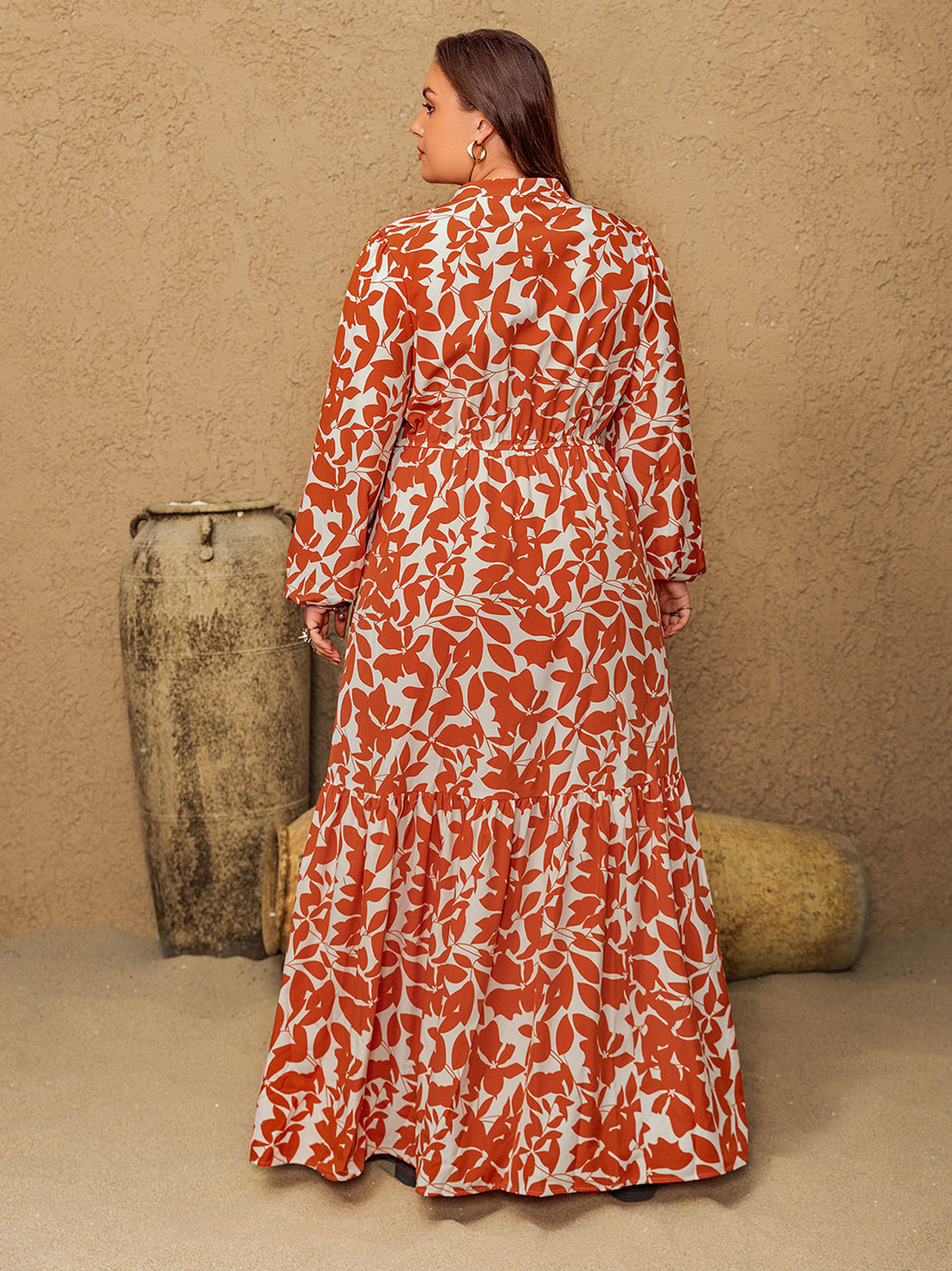 Plus Size Printed Notched Long Sleeve Maxi Dress 